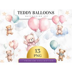 Set of 13, Teddy Balloons Nursery Clipart, Teddy Bear Clipart, Balloon Clipart, Baby Nursery Decor, Sublimation PNG, Dig