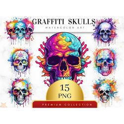 Set of 15, Watercolor Graffiti Style Skull Clipart, Graffiti Skull Clip Art PNG, Gothic Clipart, Fantasy Clipart, Wiccan