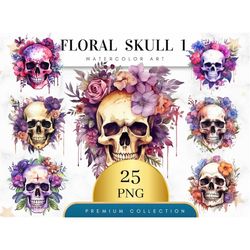 Set of 25, Watercolor Floral Skull Clipart, Floral Skull Clipart PNG, Gothic Clipart, Fantasy Clip art, Wiccan Clipart,