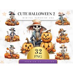 Set of 32, Cute Halloween Clipart, Halloween Bundle, Pumpkin Clipart, Ghost Clipart, Witch Clipart Png, Halloween Clipar