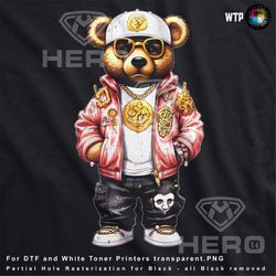 gangster teddy bear wearing a pink jacket 300dpi png dtf digital download dark garment