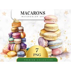 Set of 7 Watercolor Macarons Art, Macarons Art, Dessert Clipart Bundle, Sweet Bakery Food Clipart, Macarons Png, Food cl