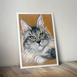 Maine Coon, Portrait of a white-gray cat, Oil pastel, Art print from the original painting, Digital file, Wall decor