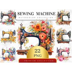 Set of 22, Watercolor Floral Sewing Machine PNG, Floral Sewing Machine Clipart, Quilting Clipart, Sewing Clipart, Vintag