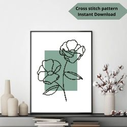 Abstract Botanical cross stitch pattern, Minimalist embroidery design, One line pattern, Instant download, Digital PDF