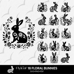 floral bunny svg bundle, 16 rabbit silhouette for cricut and cut file, bunny silhouette png, easter bunny, rabbit with f