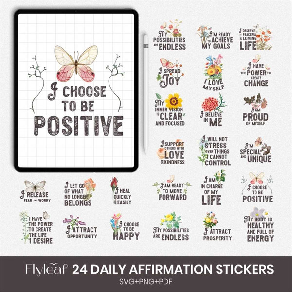 Daily Affirmation Stickers, 24 Digital Stickers SVG bundle, - Inspire Uplift