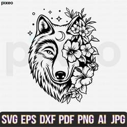 wolf with flowers svg, wolf svg, wolf flower svg, wolf head svg, wolf clipart, wolf cricut, wolf cut file, wolf shirt, w