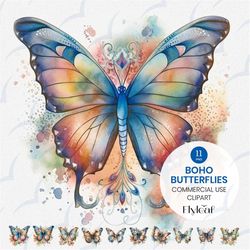 boho butterfly png bundle for commercial use, 11 butterfly clipart, watercolor clipart bundle, transparent colorful butt