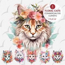 floral cats clipart, watercolor fantasy kitten clipart, kawaii kitten, celestial cat png, watercolor cat, instant downlo