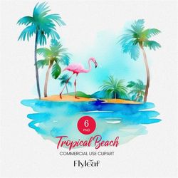 Tropical Beach Clipart Bundle, 6 Transparent PNG, Wedding Invitation Clipart, Watercolor landscape, Digital Paper, Flami