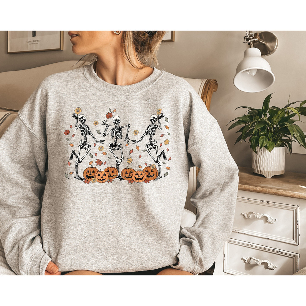 Dancing Skeleton Halloween Sweatshirt, Pumpkin Skeleton Shirt, Fall Sweatshirt, Halloween Party Skeleton Sweatshirt, Dead Inside Sweatshirts - 1.jpg
