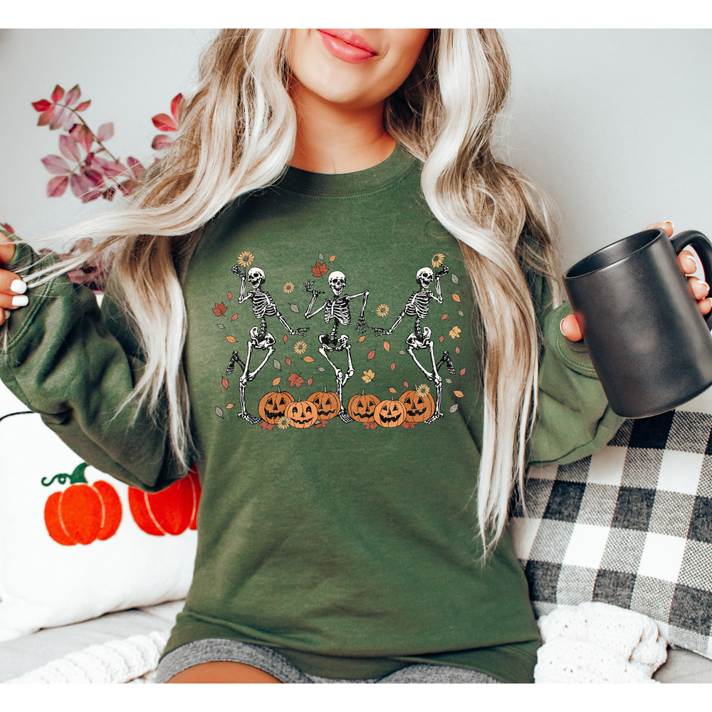 Dancing Skeleton Halloween Sweatshirt, Pumpkin Skeleton Shirt, Fall Sweatshirt, Halloween Party Skeleton Sweatshirt, Dead Inside Sweatshirts - 3.jpg