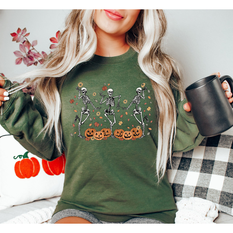 Dancing Skeleton Halloween Sweatshirt, Pumpkin Skeleton Shirt, Fall Sweatshirt, Halloween Party Skeleton Sweatshirt, Dead Inside Sweatshirts - 3.jpg