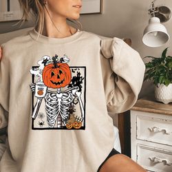 funny halloween sweatshirt, skeleton halloween shirt coffee fall shirt, skeleton sweatshirt for women, spooky vibes, hal
