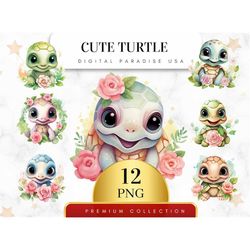 Set of 12, Cute Turtle Clipart, Turtle PNG, Cute Animal Clipart, Watercolor Turtle Art, Baby Shower Decor, Sublimation P