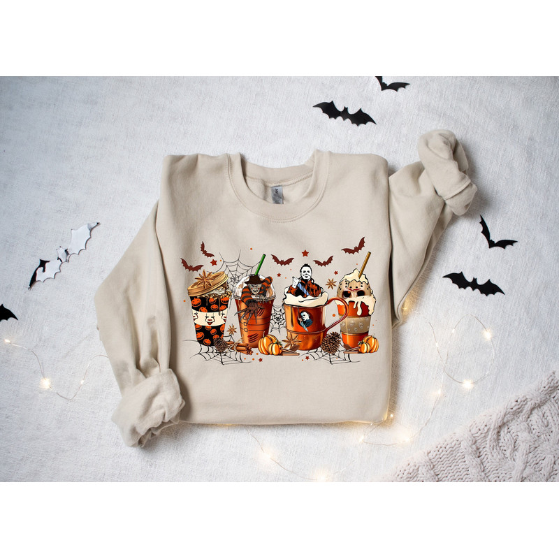 Halloween Coffee Cups Sweatshirt, Horror Movie Characters Coffee Cups Sweatshirt, Fall Coffee Sweatshirt, Halloween Gifts for Coffee Lovers - 1.jpg