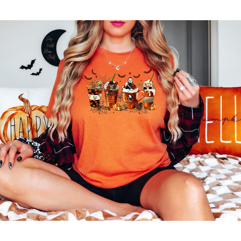 Halloween Coffee Cups Sweatshirt, Horror Movie Characters Coffee Cups Sweatshirt, Fall Coffee Sweatshirt, Halloween Gifts for Coffee Lovers - 3.jpg