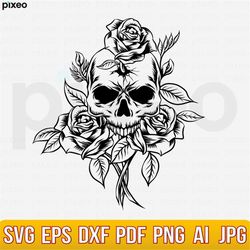 skull and roses svg, skull with flowers svg, skull svg, skull and roses clipart, skull vector, skull cricut, skull cut