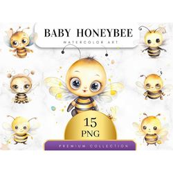 Set of 15, Baby HoneyBee Watercolor Clipart, Baby Bee Clip Art, Bee PNG, Nursery Decor, Baby Shower, Baby Wall Art, Subl