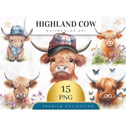 Set of 15, Baby Highland Cow PNG, Watercolor Baby Highland clipart, Baby Highland Cow, Baby Shower Decor, Boho Animal, H