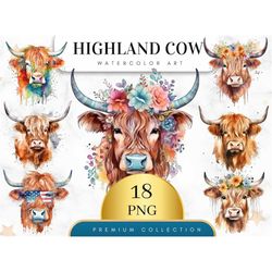 Set of 18, Highland Cow PNG, Watercolor Highland clipart, Highland Cow, Baby Shower Decor, Boho Animal, Highland Cow SVG
