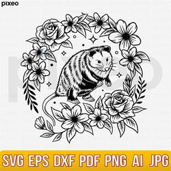 opossum with flowers svg, opossum svg, opossum flower svg, opossum head svg, opossum clipart, opossum cricut, opossum cu