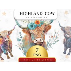 Set of 7, Highland Cow PNG, Watercolor Highland clipart, Highland Cow, Baby Shower Decor, Boho Animal, Highland Cow SVG,