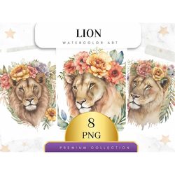 Set of 8, Watercolor Lion Clipart, Lion PNG, Boho Lion Set, Watercolor Lion, Baby shower Clipart, Digital Art, Sublimati