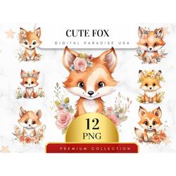 Set of 12, Cute Fox Clipart, Fox PNG, Woodland Animal, Fox Illustration, Baby Shower Decor, Nursery Art, Digital Downloa