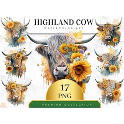 Set of 17, Highland Cow With Sunflower PNG, Watercolor Highland clipart, Highland Cow, Baby Shower Decor, Boho Animal, H