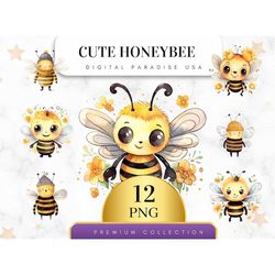 Set of 12, Cute Honey Bee Watercolor Clipart, Baby Bee Clip Art, Bee PNG, Nursery Decor, Baby Shower, Baby Wall Art, Sub