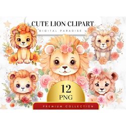 Set of 12, Cute Lion Clipart, Lion PNG, Jungle Animal, Safari Clipart, Baby Shower Decor, Sublimation PNG, Watercolor Li