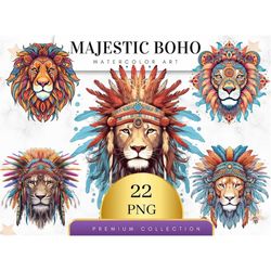 Set of 22, Watercolor Majestic Lion, Lion PNG, Boho Lion Art, Watercolor Lion, Baby shower Clipart, Digital Art, Sublima