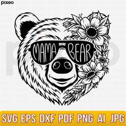 mama bear with flowers svg, mama bear svg, mama bear with sunglasses, mom svg, mama bear cut file, mama bear shirt, moth