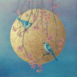 tit bird painting on canvas decorative interior art work with gold gold leaf art  blue and gold art