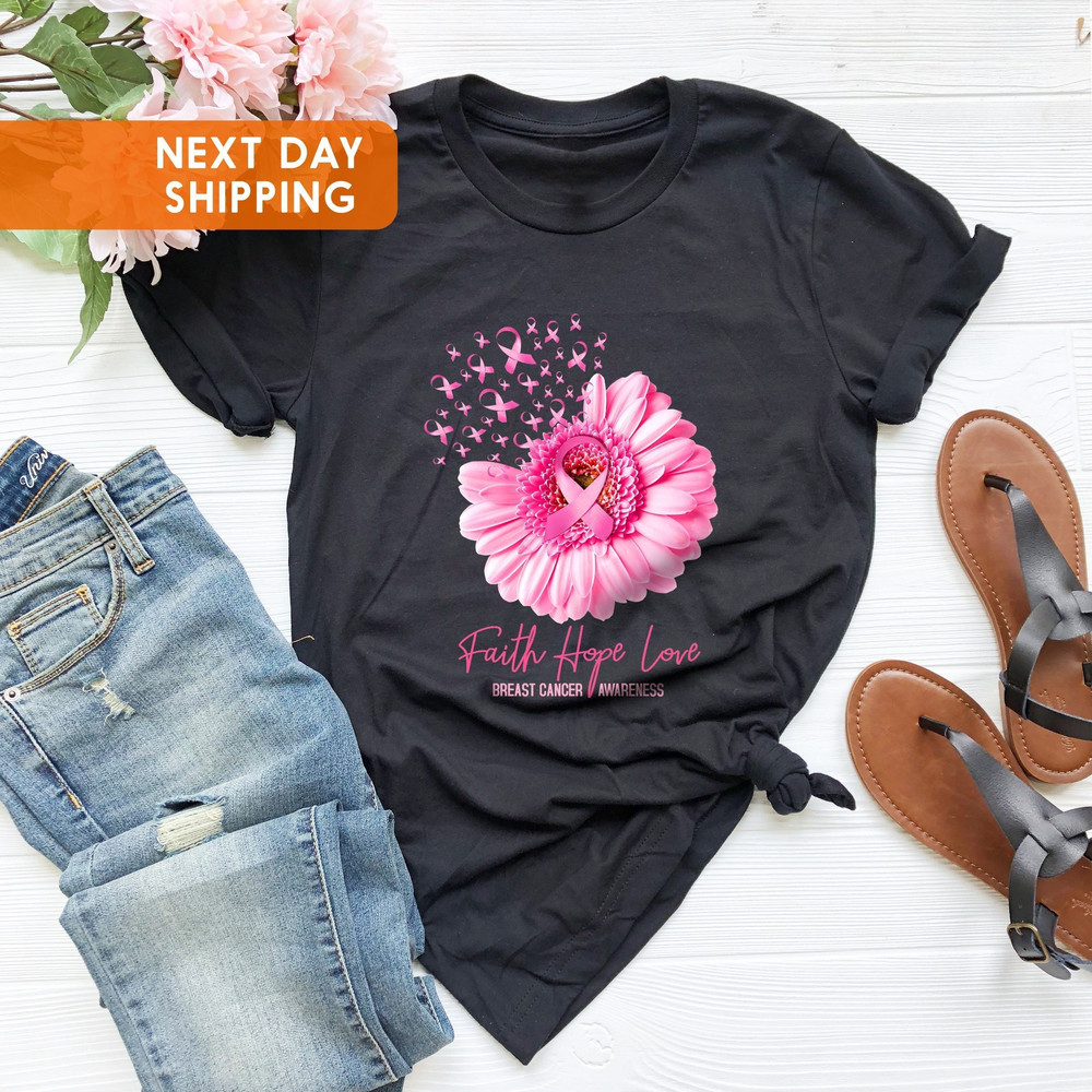 Faith Hope Love Cancer Awareness Shirt, Breast Cancer Shirt, Pink Flower Tee,Motivational Tee, Warrior Shirt for Women,Cancer Survivor Gift - 1.jpg