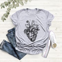 floral heart tee shirt, nurse shirt, doctor shirt, flowers h