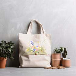 flower lover tote bag, reading lover gift bags, book nerd ba