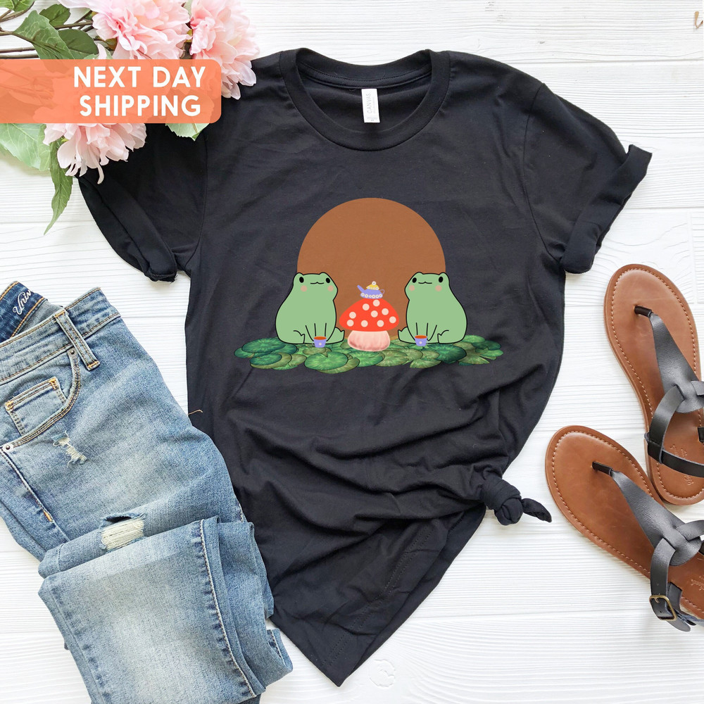 Frogs Drinking Tea Mushroom Shirt, Frogs Lovers Tee, Nature Lover Shirt, Mushroom Lover Shirt, Frogs With Mushroom Shirt, Fungus Fungi Shirt - 1.jpg