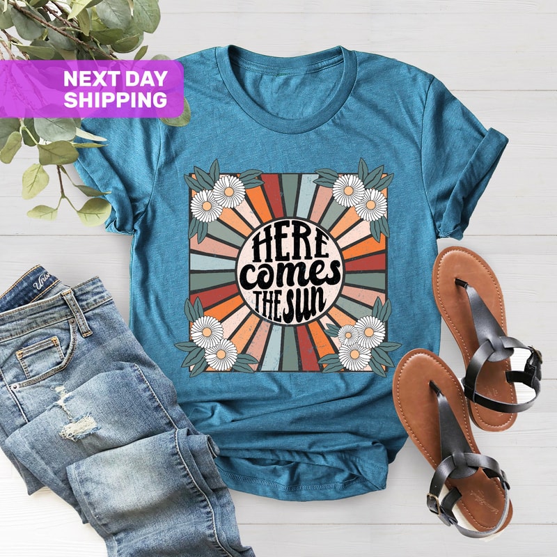 Here Comes the Sun T Shirt For Women, Beatles Retro Shirt, Motivational Shirt, Gift for Her, Travel Beach Vacation Shirt, Sunshine Shirt - 3.jpg
