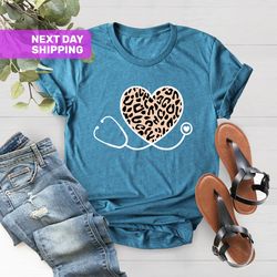 leopard nurse stethoscope shirt, rn shirts, cna shirt, nursi