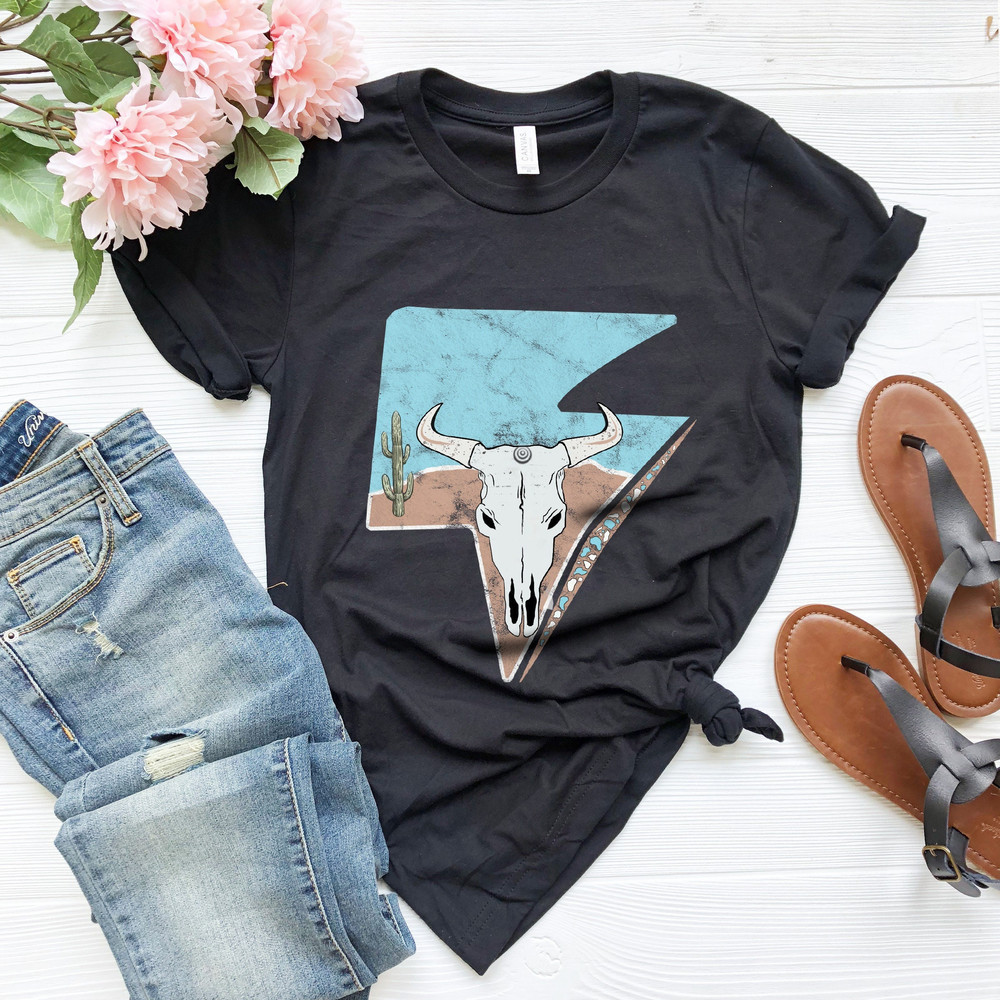 Lightning Cow Skull Shirt, Western Shirt Women, Cow Shirt, Western Graphic Tee, Bull Skull Shirt, Country Music Shirt, Rodeo Queen Shirt - 1.jpg