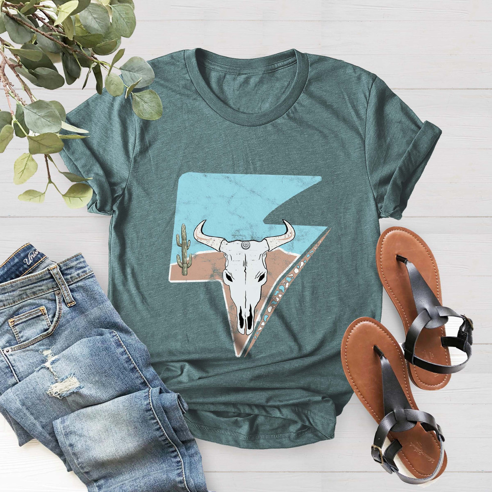 Lightning Cow Skull Shirt, Western Graphic Tee, Rodeo Queen Shirt, Bull Skull Shirt, Country Music Shirt, Western Shirt Women, Cow T-Shirt - 3.jpg