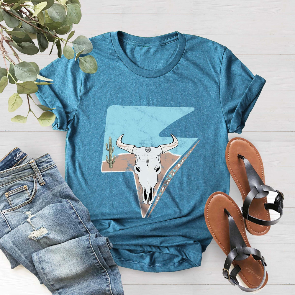 Lightning Cow Skull Shirt, Western Graphic Tee, Rodeo Queen Shirt, Bull Skull Shirt, Country Music Shirt, Western Shirt Women, Cow T-Shirt - 4.jpg