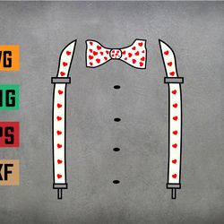 Red Hearts Bow Tie Suspenders Heart Valentines Day Outfits Svg, Eps, Png, Dxf, Digital Download