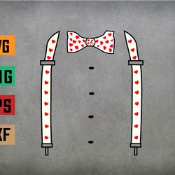 red hearts bow tie suspenders heart valentines day outfits svg, eps, png, dxf, digital download