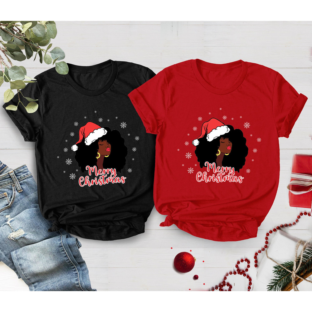 Merry Christmas Santa Black Girl T-Shirt, Equality Shirt, Black Santa Mrs Christmas Shirt, Melanin Christmas, Afro Woman Christmas Shirt - 1.jpg
