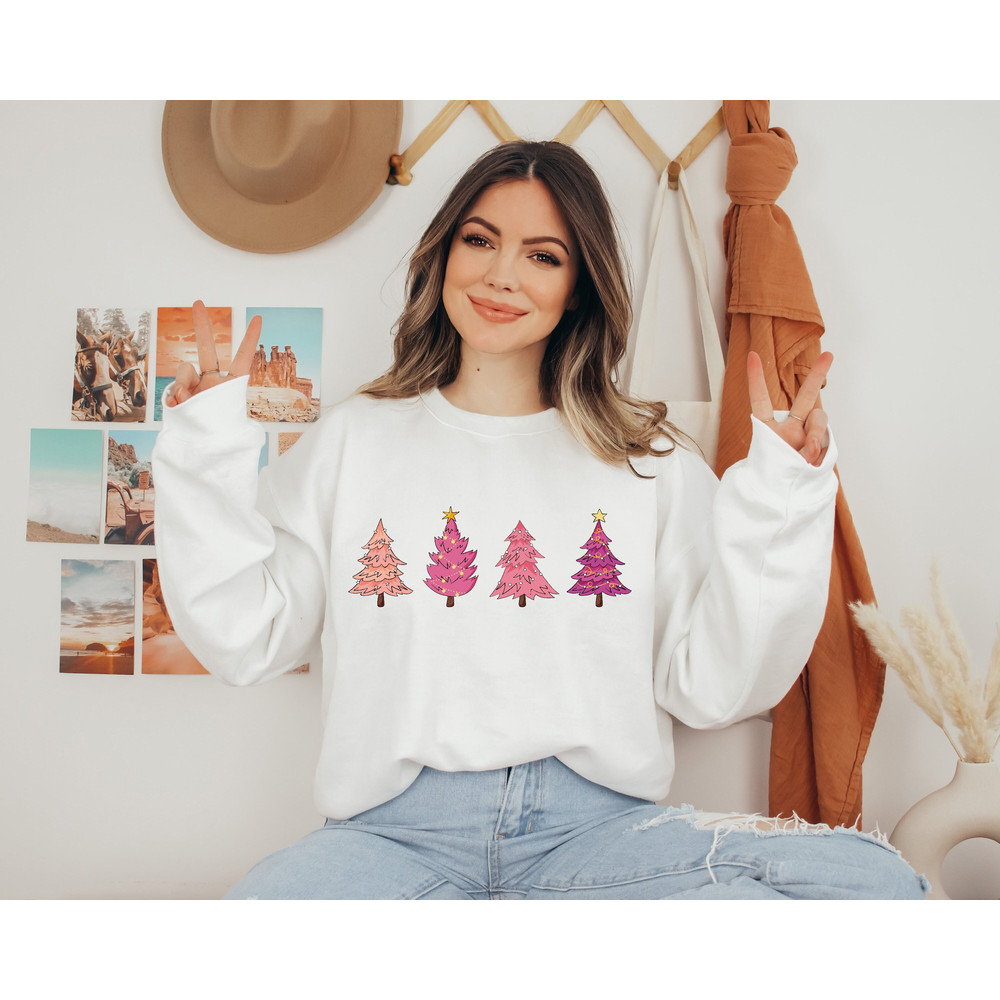 Merry Christmas Women's Sweatshirt, Pink Christmas Trees Shirt, Cute Christmas Sweatshirt, Christmas Party Tee,Xmas Gift, Holiday Sweatshirt - 1.jpg