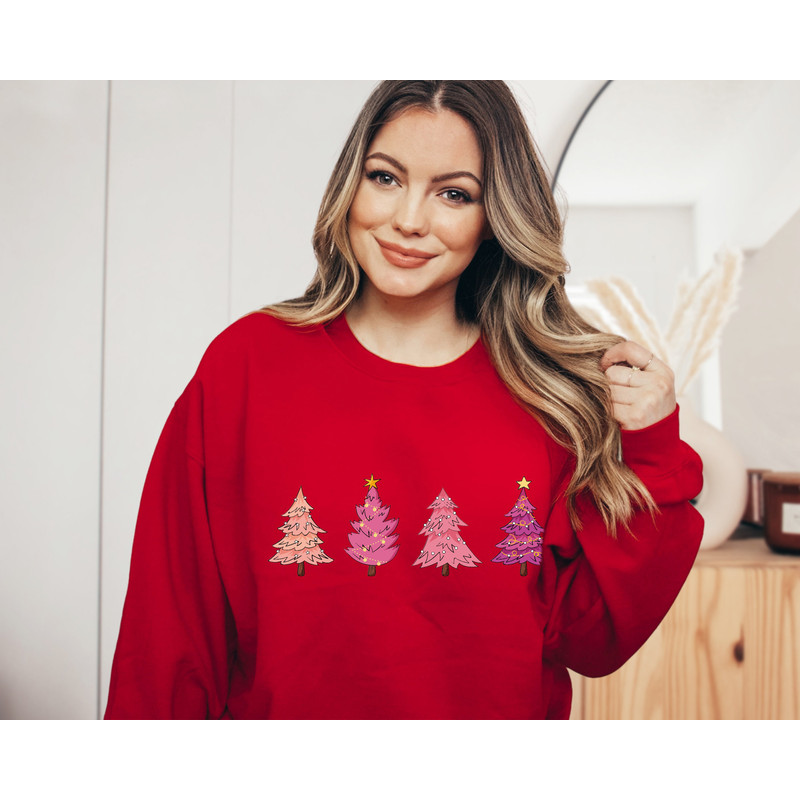Merry Christmas Women's Sweatshirt, Pink Christmas Trees Shirt, Cute Christmas Sweatshirt, Christmas Party Tee,Xmas Gift, Holiday Sweatshirt - 4.jpg